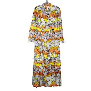 Vintage MCM Womens Bold Floral Loungewear Robe M Orange Yellow Mandarin Collar